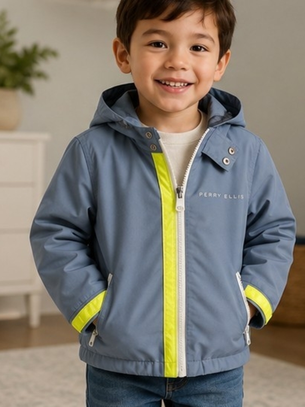 Perry Ellis Boy Light Blue Jacket with Neon Yellow Accent
